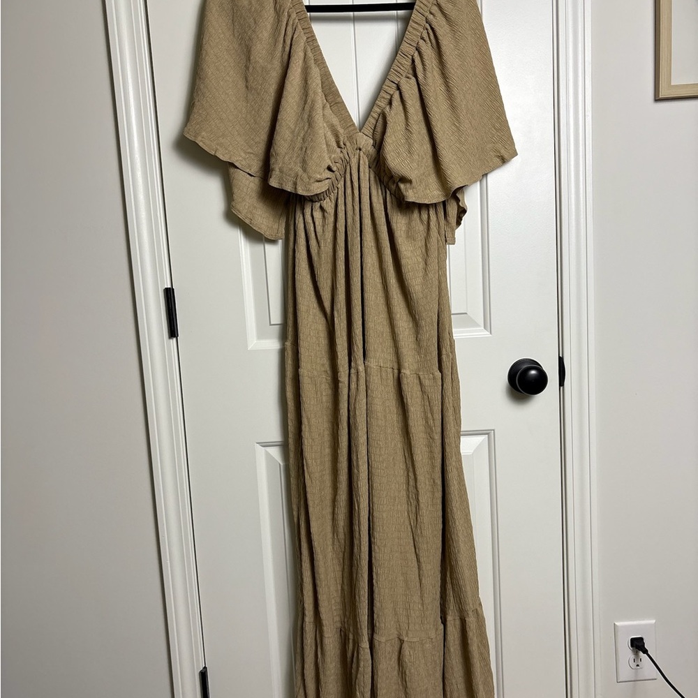 Beige Flutter-Sleeve Maxi Dress